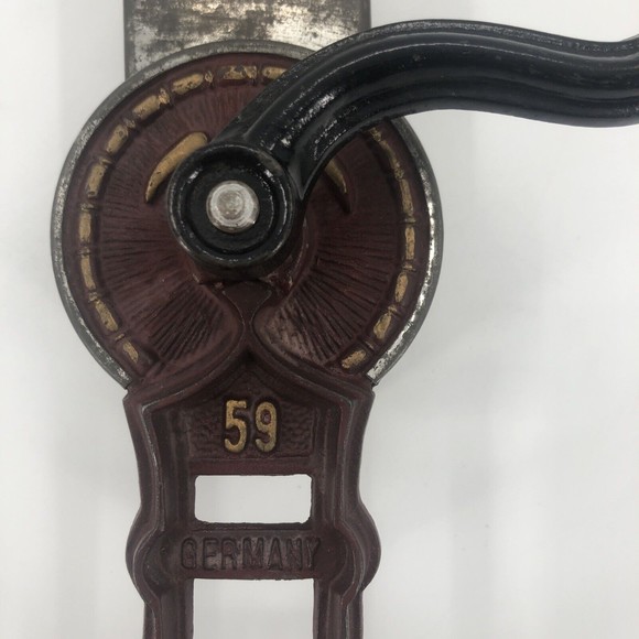 Vintage HARRAS 59 Cast Iron Grinder Table Mounted Wood Block Handle Germany - Picture 4 of 16